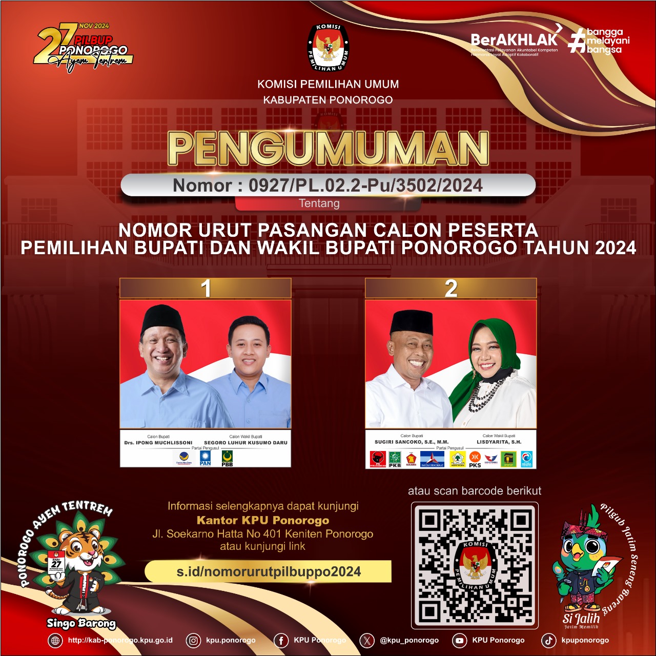 KPU Ponorogo Undi Nomor Urut Cabup-Cawabup, Ipong-Luhur Nomor 1 dan Sugiri-Lisdyarita Nomor 2